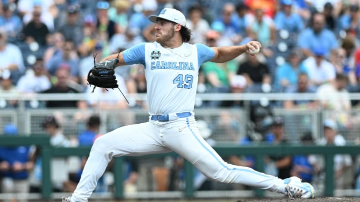 Jun 18, 2024; Omaha, NE, USA; North Carolina Tar Heels pitcher Dalton Pence (49) throws against the Florida State Seminoles during the third inning at Charles Schwab Field Omaha. Jun 18, 2024; Omaha, NE, USA; North Carolina Tar Heels pitcher Dalton Pence (49) throws against the Florida State Seminoles during the third inning at Charles Schwab Field Omaha.