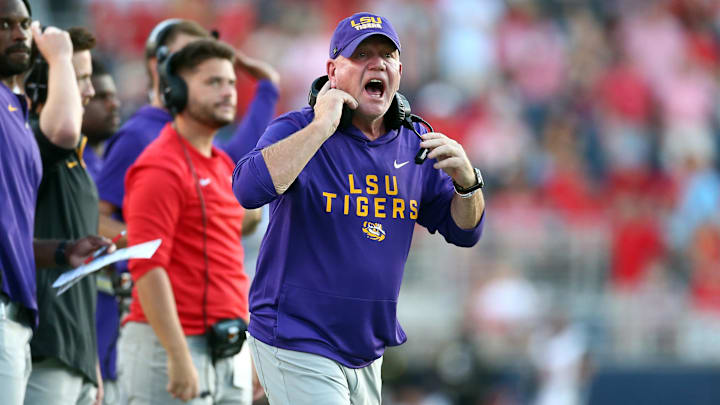 Sep 27, 2025; Oxford, Mississippi, USA; LSU Tigers head coach Brian Kelly reacts during the fourth quarter against the Mississippi Rebels at Vaught-Hemingway Stadium. Mandatory Credit: Petre Thomas-Imagn Images