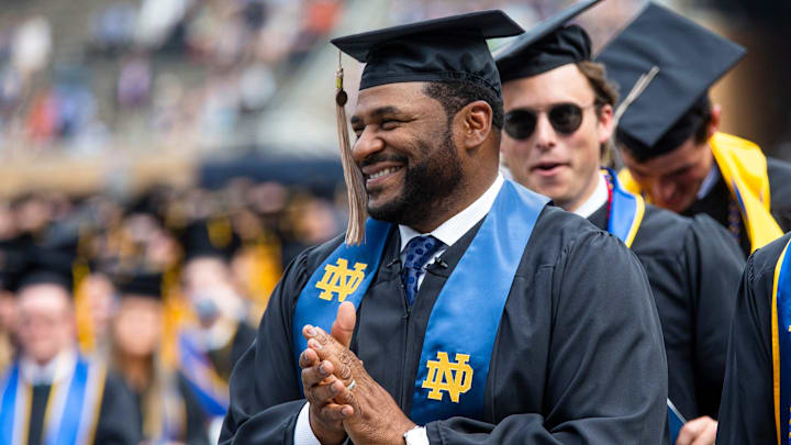 Jerome Bettis claps during the Notre Dame Commencement ceremony Sunday, May 15, 2022 at Notre Dame Stadium in South Bend, Ind.