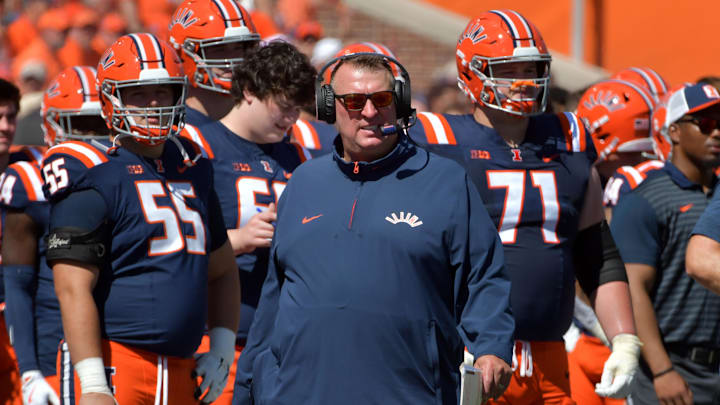 Sep 14, 2024; Champaign, Illinois, USA; Illinois Fighting Illini head coach Bret Bielema on the sidelines during the second half against the Central Michigan Chippewas at Memorial Stadium. 