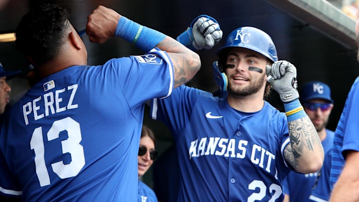 Sep 28, 2025; West Sacramento, California, USA; Kansas City Royals catcher Carter Jensen (22) celebrates in the dugout with teammates after hitting a solo home run against the Athletics during the seventh inning at Sutter Health Park. Mandatory Credit: Dennis Lee-Imagn Images Sep 28, 2025; West Sacramento, California, USA; Kansas City Royals catcher Carter Jensen (22) celebrates in the dugout with teammates after hitting a solo home run against the Athletics during the seventh inning at Sutter Health Park. Mandatory Credit: Dennis Lee-Imagn Images