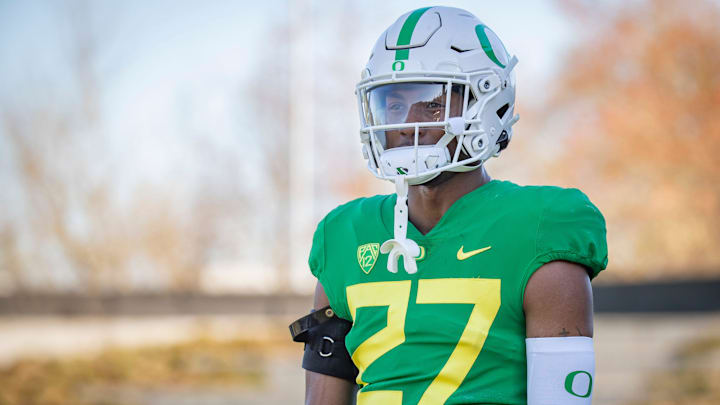 Oregon defensive back Daylen Austin during practice with the Oregon Ducks Tuesday, April 2, 2024 in Eugene, Ore.