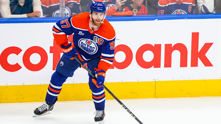 Jun 14, 2025; Edmonton, Alberta, CAN; Edmonton Oilers center Connor McDavid (97) controls the puck against the Florida Panthers during the second period in game five of the 2025 Stanley Cup Final at Rogers Place. Mandatory Credit: Sergei Belski-Imagn Images