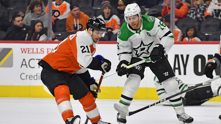 Jan 18, 2024; Philadelphia, Pennsylvania, USA; Philadelphia Flyers center Scott Laughton (21) and
