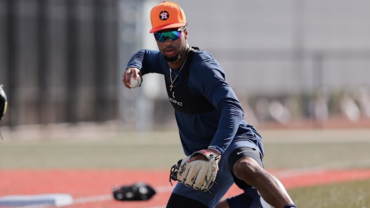 Houston Astros infielder Brice Matthews works out during spring training at CACTI Park of the Palm Beaches on Feb. 14, 2025, in West Palm Beach, Fla.