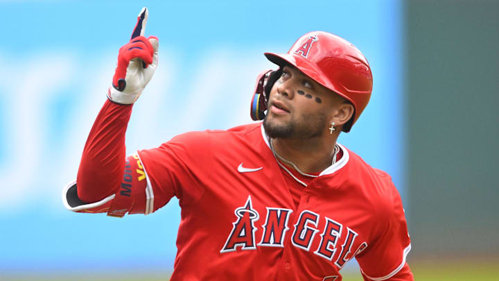 May 31, 2025; Cleveland, Ohio, USA; Los Angeles Angels third baseman Yoan Moncada (5) celebrates his solo home run in the third inning against the Cleveland Guardians at Progressive Field. Mandatory Credit: David Richard-Imagn Images