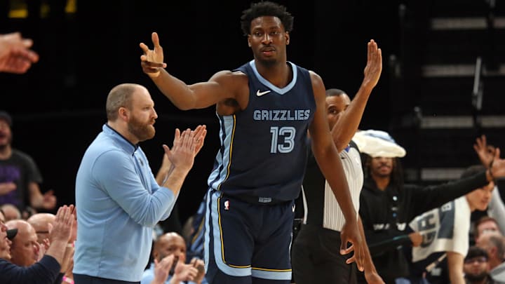 Feb 14, 2024; Memphis, Tennessee, USA; Memphis Grizzlies forward-center Jaren Jackson Jr. (13) celebrates a play against the Houston Rockets. 