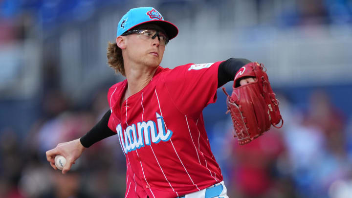Apr 13, 2024; Miami, Florida, USA;  Miami Marlins starting pitcher Max Meyer (23) pitches against