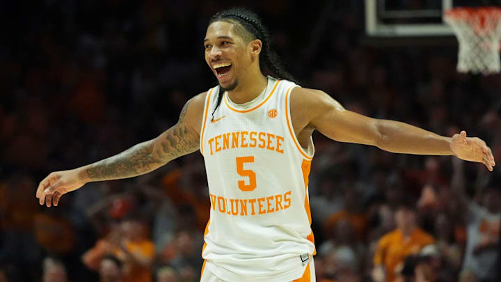 Tennessee's Zakai Zeigler (5) celebrating during the NCAA college basketball game against Missouri on Wednesday, Feb. 5, 2025, in Knoxville, Tenn.