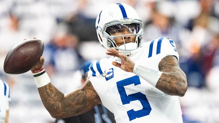 Indianapolis Colts quarterback Anthony Richardson (5) throws the ball during warm-up Sunday, Dec. 22, 2024, ahead of a game against the Tennessee Titans at Lucas Oil Stadium in Indianapolis.