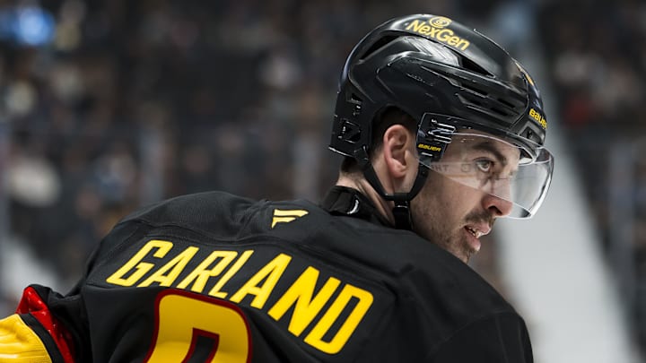 Mar 2, 2026; Vancouver, British Columbia, CAN; Vancouver Canucks forward Conor Garland (8) during a stop in play against the Dallas Stars in the first period at Rogers Arena. Mandatory Credit: Bob Frid-Imagn Images