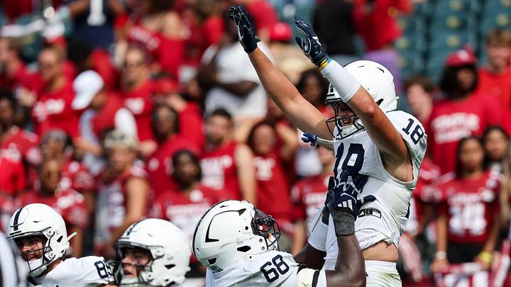 Penn State Nittany Lions tight end Benjamin Brahmer (18) celebrates with lineman Anthony Donkoh (68) after scoring a touchdown vs. the Temple Owls at Lincoln Financial Field. Penn State Nittany Lions tight end Benjamin Brahmer (18) celebrates with lineman Anthony Donkoh (68) after scoring a touchdown vs. the Temple Owls at Lincoln Financial Field.