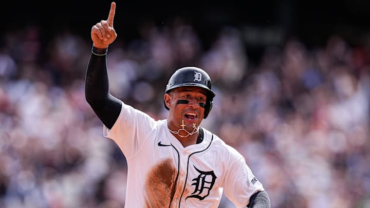 Detroit Tigers designated hitter Jahmai Jones (18) celebrates as first base Spencer Torkelson bats a 2-run home run against Atlanta Braves during the seventh inning at Comerica Park in Detroit on Saturday, Sept. 20, 2025.