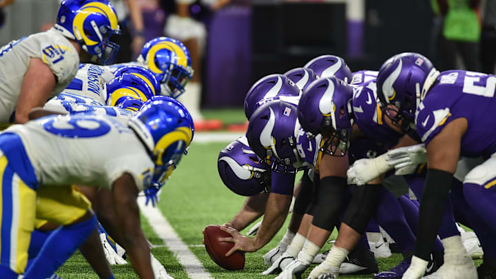 Dec 26, 2021; Minneapolis, Minnesota, USA; The line of scrimmage between the Minnesota Vikings and the Los Angeles Rams is seen during the third quarter at U.S. Bank Stadium. Mandatory Credit: Jeffrey Becker-Imagn Images