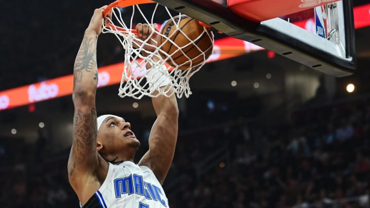 Apr 30, 2024; Cleveland, Ohio, USA; Orlando Magic forward Paolo Banchero (5) dunks during the first half against the Cleveland Cavaliers in game five of the first round for the 2024 NBA playoffs at Rocket Mortgage FieldHouse. Mandatory Credit: Ken Blaze-USA TODAY Sports