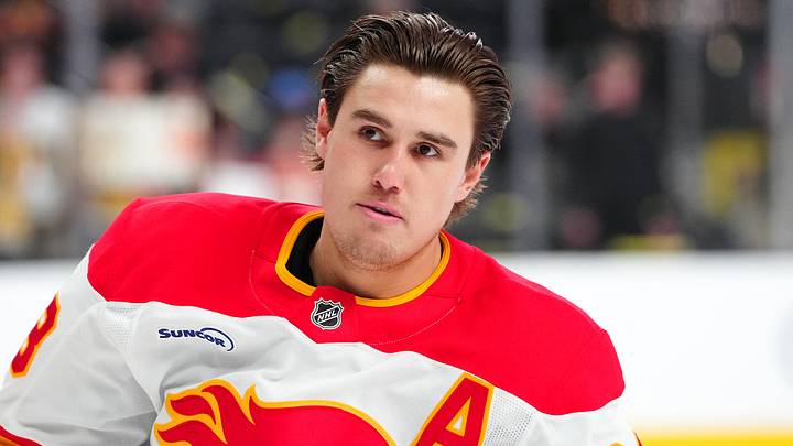 Apr 2, 2026; Las Vegas, Nevada, USA; Calgary Flames defenseman Zach Whitecloud (28) warms up before a game against the Vegas Golden Knights at T-Mobile Arena. Mandatory Credit: Stephen R. Sylvanie-Imagn Images Apr 2, 2026; Las Vegas, Nevada, USA; Calgary Flames defenseman Zach Whitecloud (28) warms up before a game against the Vegas Golden Knights at T-Mobile Arena. Mandatory Credit: Stephen R. Sylvanie-Imagn Images