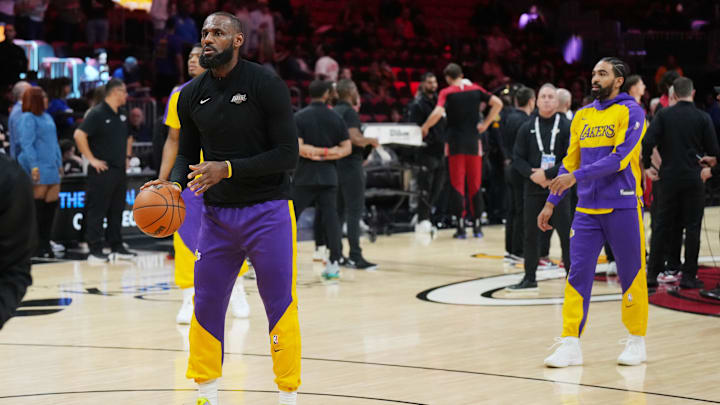 Dec 4, 2024; Miami, Florida, USA;  Los Angeles Lakers forward LeBron James (23) warms-up before a game against the Miami Heat at Kaseya Center. Mandatory Credit: Jim Rassol-Imagn Images