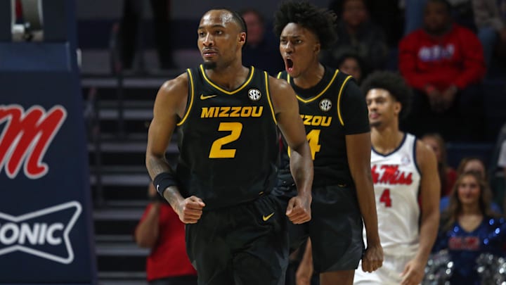 Feb 17, 2024; Oxford, Mississippi, USA; Missouri Tigers guard Tamar Bates (2) and guard Anthony Robinson II (14) react during the second half against the Mississippi Rebels at The Sandy and John Black Pavilion at Ole Miss. Mandatory Credit: Petre Thomas-Imagn Images
