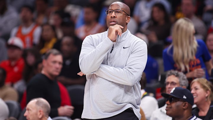 Dec 27, 2025; Atlanta, Georgia, USA; New York Knicks head coach Mike Brown on the sideline against the Atlanta Hawks in the first quarter at State Farm Arena. Mandatory Credit: Brett Davis-Imagn Images
