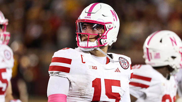 Oct 17, 2025; Minneapolis, Minnesota, USA; Nebraska Cornhuskers quarterback Dylan Raiola (15) looks on during the second half against the Minnesota Golden Gophers at Huntington Bank Stadium. Mandatory Credit: Matt Krohn-Imagn Images
