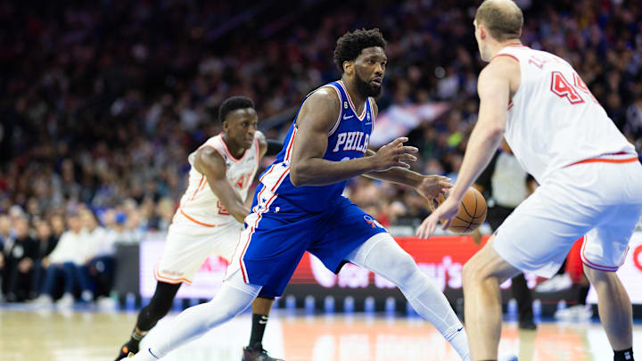Feb 27, 2023; Philadelphia, Pennsylvania, USA; Philadelphia 76ers center Joel Embiid (21) drives