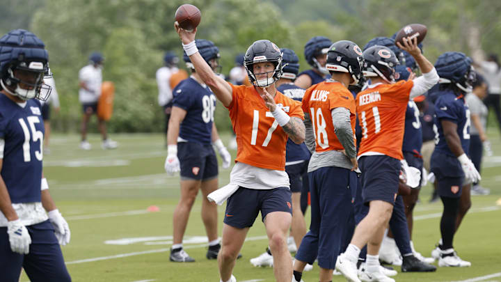 Tyson Bagent passes during Bears practice. He'll start against Miami on Sunday in the preseason opener.