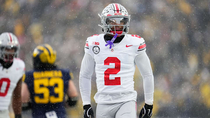 Ohio State Buckeyes defensive back Caleb Downs (2) celebrates during the NCAA football game against the Michigan Wolverines at Michigan Stadium in Ann Arbor, Mich. on Nov. 29, 2025. Ohio State won 27-9.