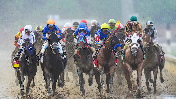 The field of the 151st running of the Kentucky Derby heads towards the first turn Saturday, May 3, 2025 at Churchill Downs in Louisville, Kentucky.