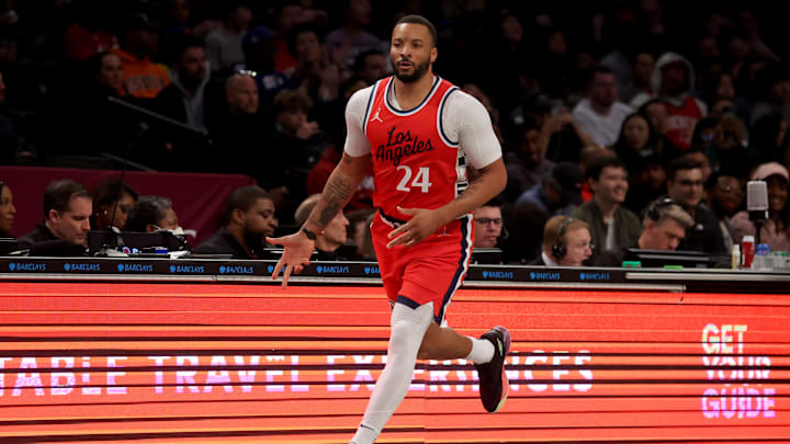 Mar 28, 2025; Brooklyn, New York, USA; Los Angeles Clippers guard Norman Powell (24) celebrates his three point shot against the Brooklyn Nets during the third quarter at Barclays Center. Mandatory Credit: Brad Penner-Imagn Images Mar 28, 2025; Brooklyn, New York, USA; Los Angeles Clippers guard Norman Powell (24) celebrates his three point shot against the Brooklyn Nets during the third quarter at Barclays Center. Mandatory Credit: Brad Penner-Imagn Images