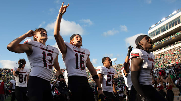 Northern Illinois celebrates after wining a NCAA college football game 16-14 against Notre Dame at Notre Dame Stadium on Saturday, Sept. 7, 2024, in South Bend.