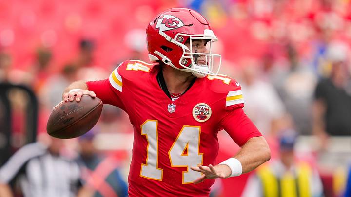 Aug 15, 2026; Kansas City, Missouri, USA; Kansas City Chiefs quarterback Garrett Nussmeier (14) throws a pass during the second half against the Los Angeles Rams at at Arrowhead Stadium. Mandatory Credit: Jay Biggerstaff-Imagn Images