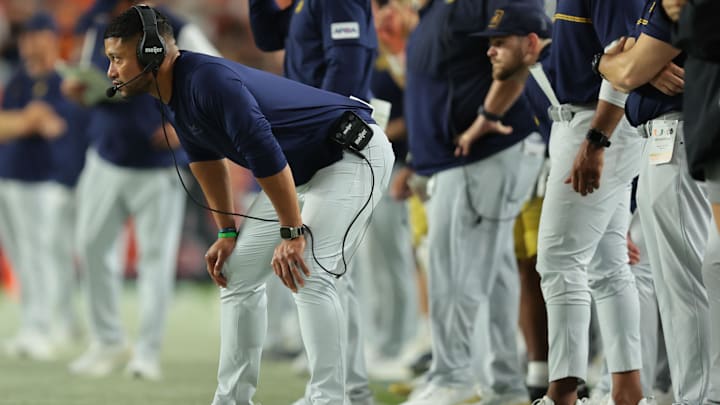 Aug 31, 2025; Miami Gardens, Florida, USA; Notre Dame Fighting Irish head coach Marcus Freeman during the third quarter at Hard Rock Stadium. Mandatory Credit: Sam Navarro-Imagn Images Aug 31, 2025; Miami Gardens, Florida, USA; Notre Dame Fighting Irish head coach Marcus Freeman during the third quarter at Hard Rock Stadium. Mandatory Credit: Sam Navarro-Imagn Images