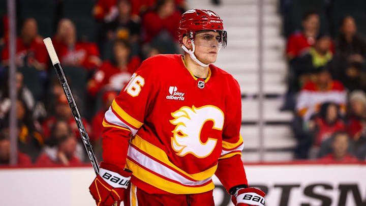 Mar 18, 2026; Calgary, Alberta, CAN; Calgary Flames center Martin Pospisil (76) against the St. Louis Blues during the third period at Scotiabank Saddledome. Mandatory Credit: Sergei Belski-Imagn Images