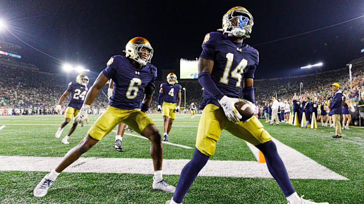 Notre Dame cornerback Dallas Golden (14) and cornerback Christian Gray (6) celebrate a Golden interception during the second half of a NCAA football game against Purdue at Notre Dame Stadium on Saturday, Sept. 20, 2025, in South Bend. Notre Dame cornerback Dallas Golden (14) and cornerback Christian Gray (6) celebrate a Golden interception during the second half of a NCAA football game against Purdue at Notre Dame Stadium on Saturday, Sept. 20, 2025, in South Bend.
