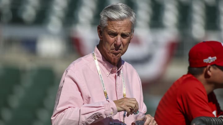 Oct 10, 2022; Atlanta, Georgia, USA; Philadelphia Phillies president Dave Dombrowski watches a team workout for the NLDS at Truist Park