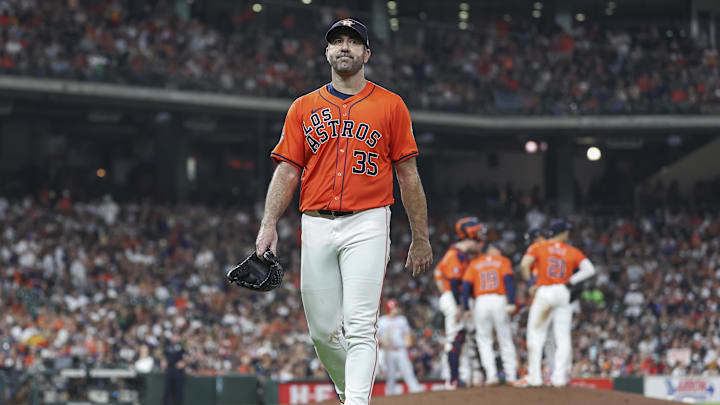Sep 20, 2024; Houston, Texas, USA; Houston Astros starting pitcher Justin Verlander (35) walks off the field after a pitching change in the fifth inning against the Los Angeles Angels at Minute Maid Park. Sep 20, 2024; Houston, Texas, USA; Houston Astros starting pitcher Justin Verlander (35) walks off the field after a pitching change in the fifth inning against the Los Angeles Angels at Minute Maid Park.