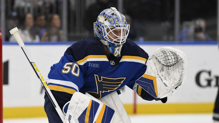 Oct 22, 2024; St. Louis, Missouri, USA; St. Louis Blues goaltender Jordan Binnington (50) looks on during the first period against the Winnipeg Jets at Enterprise Center. Mandatory Credit: Jeff Le-Imagn Images 