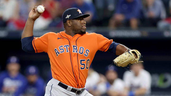 Oct 20, 2023; Arlington, Texas, USA; Houston Astros pitcher Hector Neris (50) throws during the Oct 20, 2023; Arlington, Texas, USA; Houston Astros pitcher Hector Neris (50) throws during the