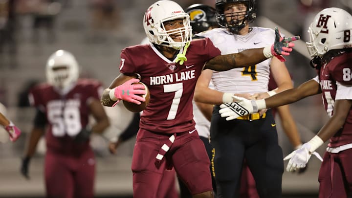 Horn Lake's Jarnorris Hopson yells out to his teammates after a catch against Hernando during their game at Horn Lake High School on Friday, Oct. 23, 2020.

Jrca4936