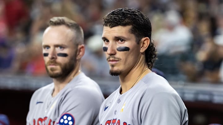 Sep 7, 2025; Phoenix, Arizona, USA; Boston Red Sox outfielder Jarren Duran (right) and shortstop Trevor Story against the Arizona Diamondbacks at Chase Field. Mandatory Credit: Mark J. Rebilas-Imagn Images Sep 7, 2025; Phoenix, Arizona, USA; Boston Red Sox outfielder Jarren Duran (right) and shortstop Trevor Story against the Arizona Diamondbacks at Chase Field. Mandatory Credit: Mark J. Rebilas-Imagn Images