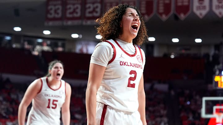 Aaliyah Chavez celebrates after making a basket in the Sooners' win over South Carolina at the Lloyd Noble Center.