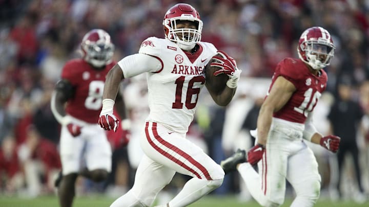 Arkansas Razorbacks wide receiver Treylon Burks runs after a catch against Alabama.