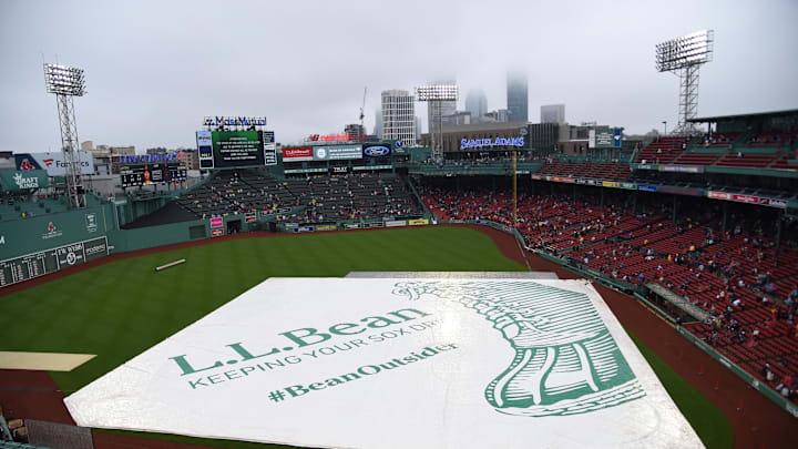 Apr 17, 2023; Boston, Massachusetts, USA; A view of the tarp on the field during a rain delay between the Boston Red Sox and Los Angeles Angels at Fenway Park. Mandatory Credit: Bob DeChiara-Imagn Images Apr 17, 2023; Boston, Massachusetts, USA; A view of the tarp on the field during a rain delay between the Boston Red Sox and Los Angeles Angels at Fenway Park. Mandatory Credit: Bob DeChiara-Imagn Images
