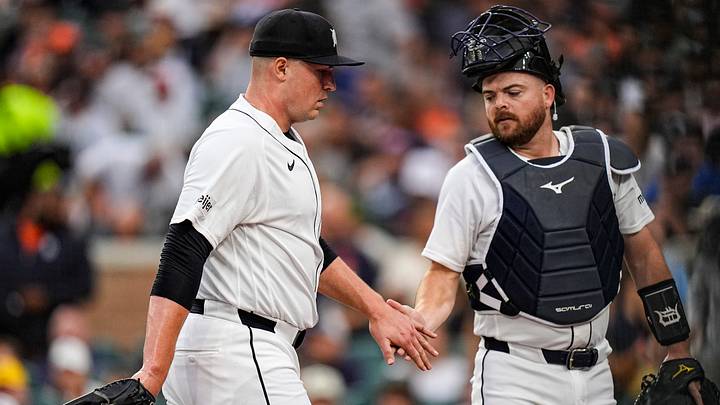 Detroit Tigers pitcher Tarik Skubal (29) shakes hands with catcher Jake Rogers (34) as he walks off the field at Comerica Park. Credit Detroit Tigers pitcher Tarik Skubal (29) shakes hands with catcher Jake Rogers (34) as he walks off the field at Comerica Park. Credit