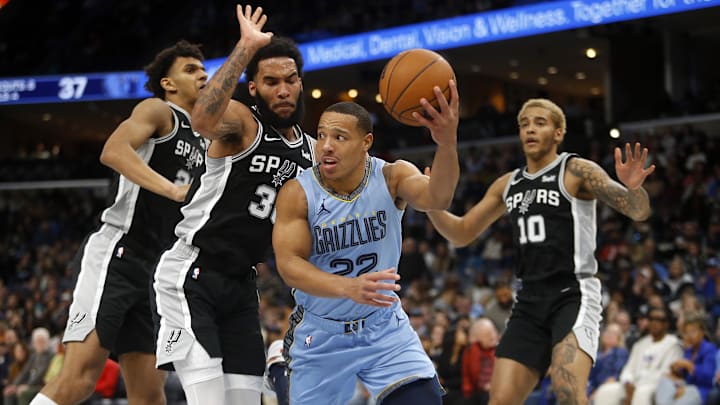 Jan 2, 2024; Memphis, Tennessee, USA; Memphis Grizzlies guard Desmond Bane (22) passes as San