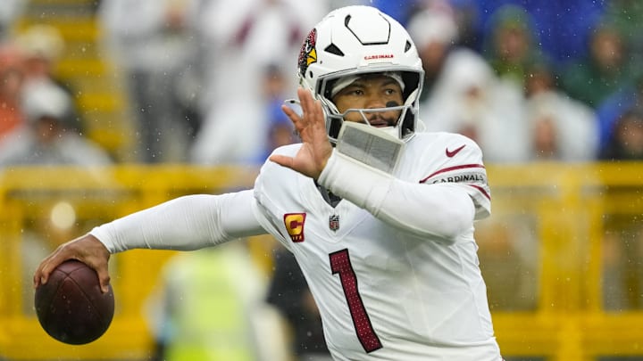 Oct 13, 2024; Green Bay, Wisconsin, USA; Arizona Cardinals quarterback Kyler Murray (1) throws a pass during the first quarter against the Green Bay Packers at Lambeau Field. Mandatory Credit: Jeff Hanisch-Imagn Images Oct 13, 2024; Green Bay, Wisconsin, USA; Arizona Cardinals quarterback Kyler Murray (1) throws a pass during the first quarter against the Green Bay Packers at Lambeau Field. Mandatory Credit: Jeff Hanisch-Imagn Images