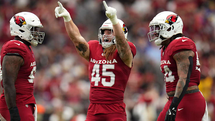 Arizona Cardinals linebacker Dennis Gardeck (45) celebrates his sack against the Los Angeles Rams at State Farm Stadium on Sept. 15, 2024. Arizona Cardinals linebacker Dennis Gardeck (45) celebrates his sack against the Los Angeles Rams at State Farm Stadium on Sept. 15, 2024.