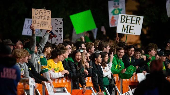 Fans pack the barricades during ESPN’s “College GameDay” Saturday, Oct. 12, 2024 on the campus of the University of Oregon in Eugene, Ore.