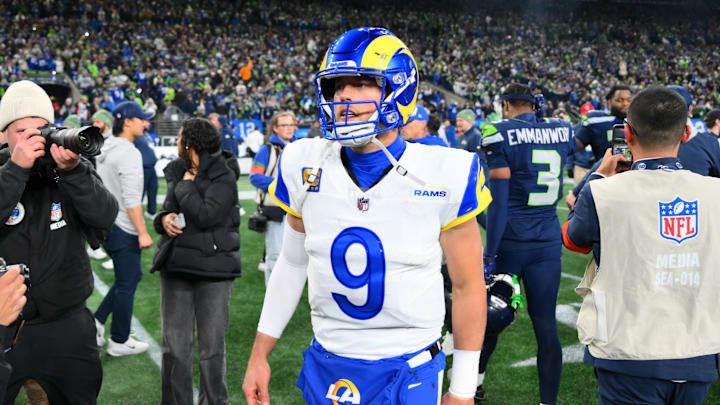 Jan 25, 2026; Seattle, WA, USA; Los Angeles Rams quarterback Matthew Stafford (9) leaves the field after the 2026 NFC Championship Game against the Seattle Seahawks at Lumen Field. Mandatory Credit: Steven Bisig-Imagn Images