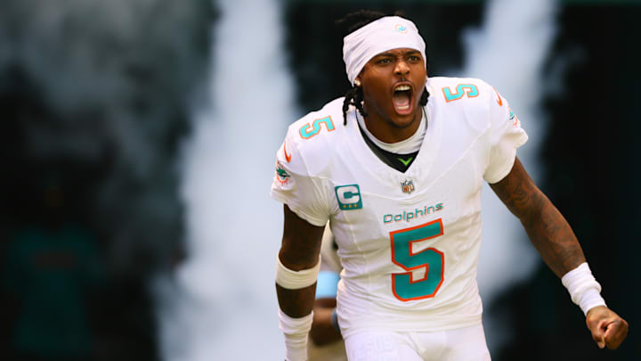 Miami Dolphins cornerback Jalen Ramsey (5) runs onto the field before the game against the Jacksonville Jaguars at Hard Rock Stadium. 